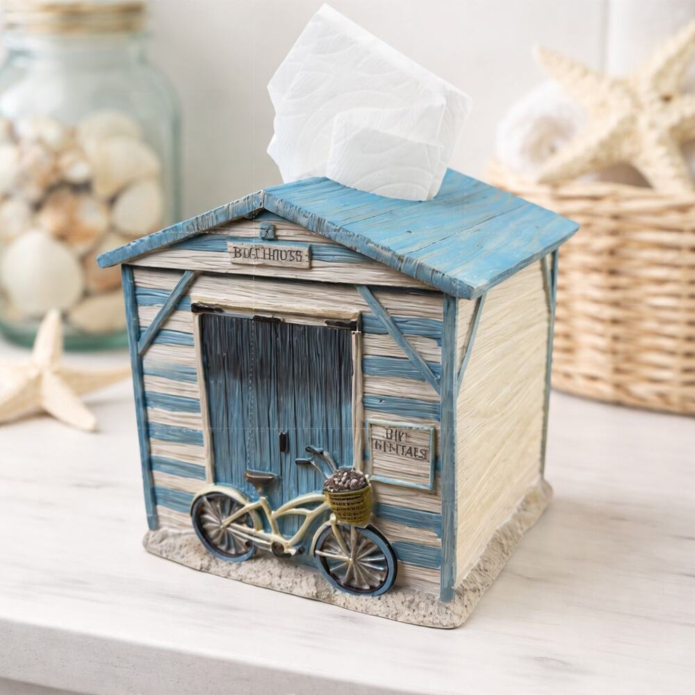 Beach Shack Bike Rental Resin Tissue Box Cover Coastal Bathroom Decor